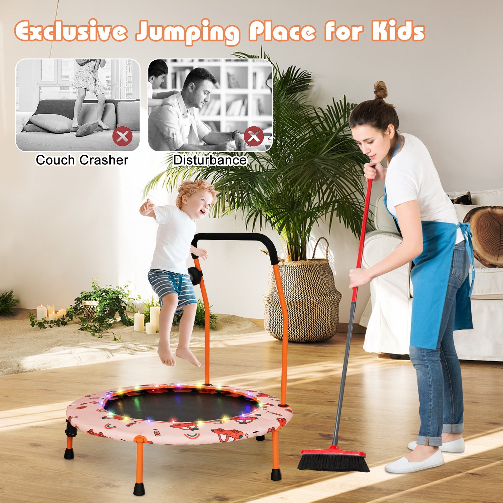 36 Inch Mini Trampoline with Colorful LED Lights and Bluetooth Speaker, Orange Trampolines at Gallery Canada