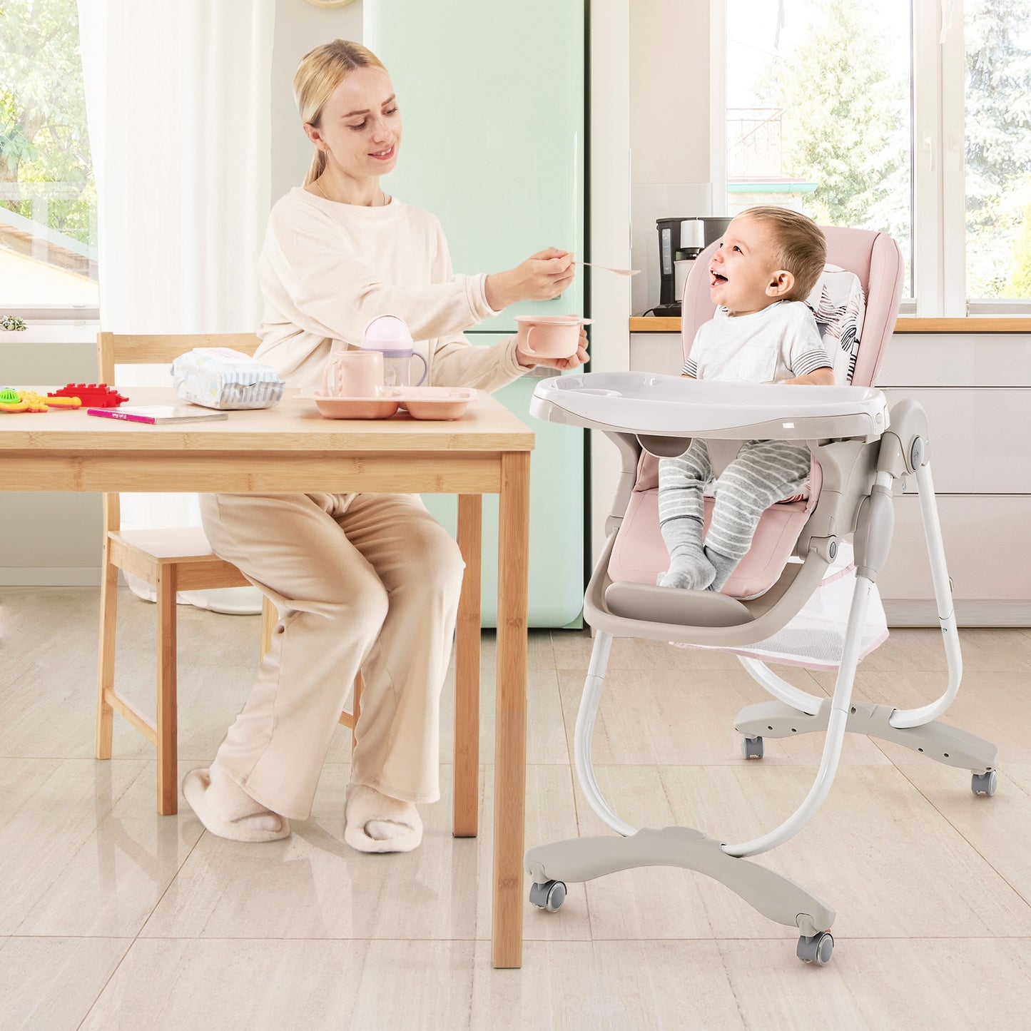Multifunctional Folding Baby High Chair with Rolling Wheels and Adjustable Height, Pink High Chairs at Gallery Canada