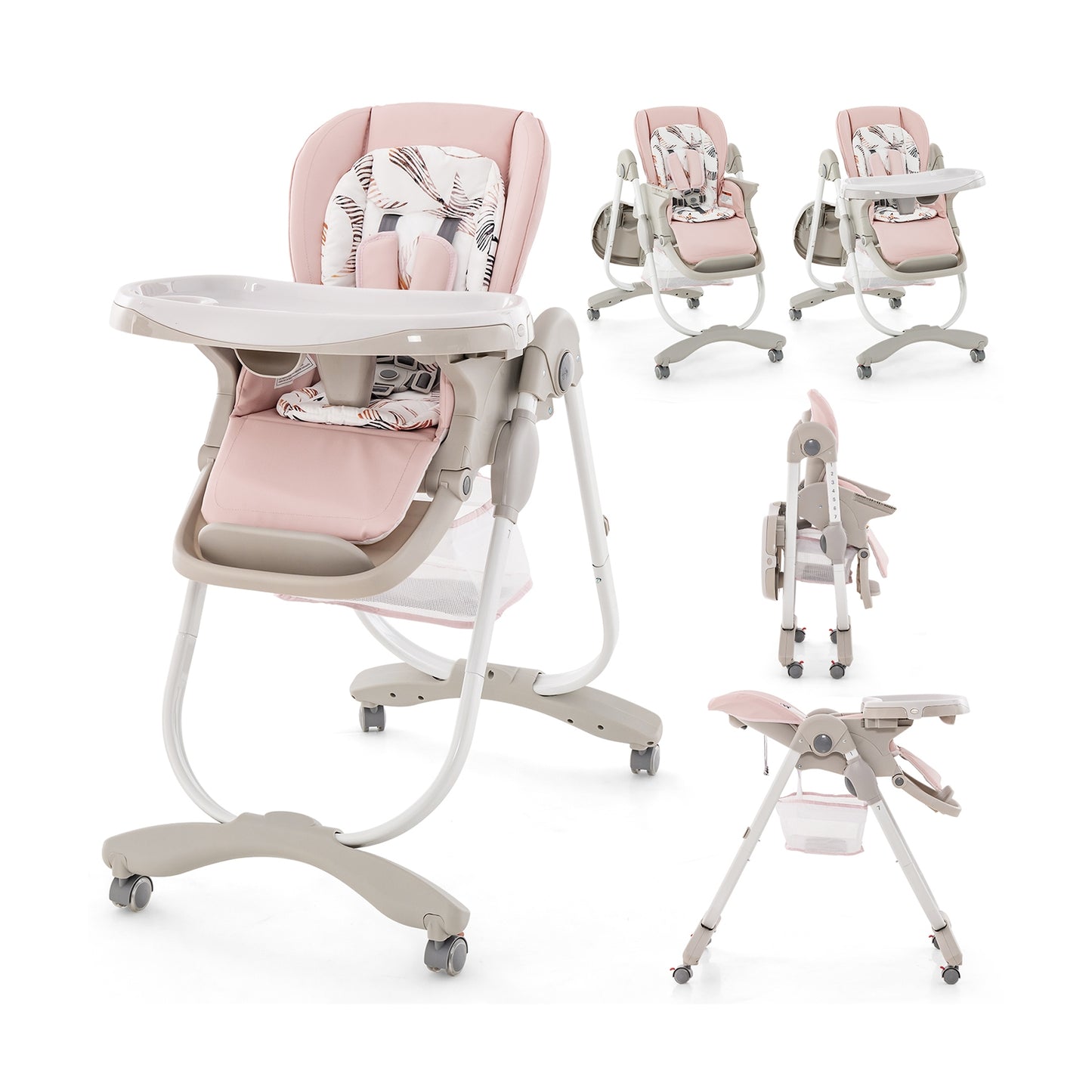 Chaise haute pliante pour bébé avec roulettes, hauteur réglable, rose