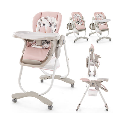 Chaise haute pliante pour bébé avec roulettes, hauteur réglable, rose