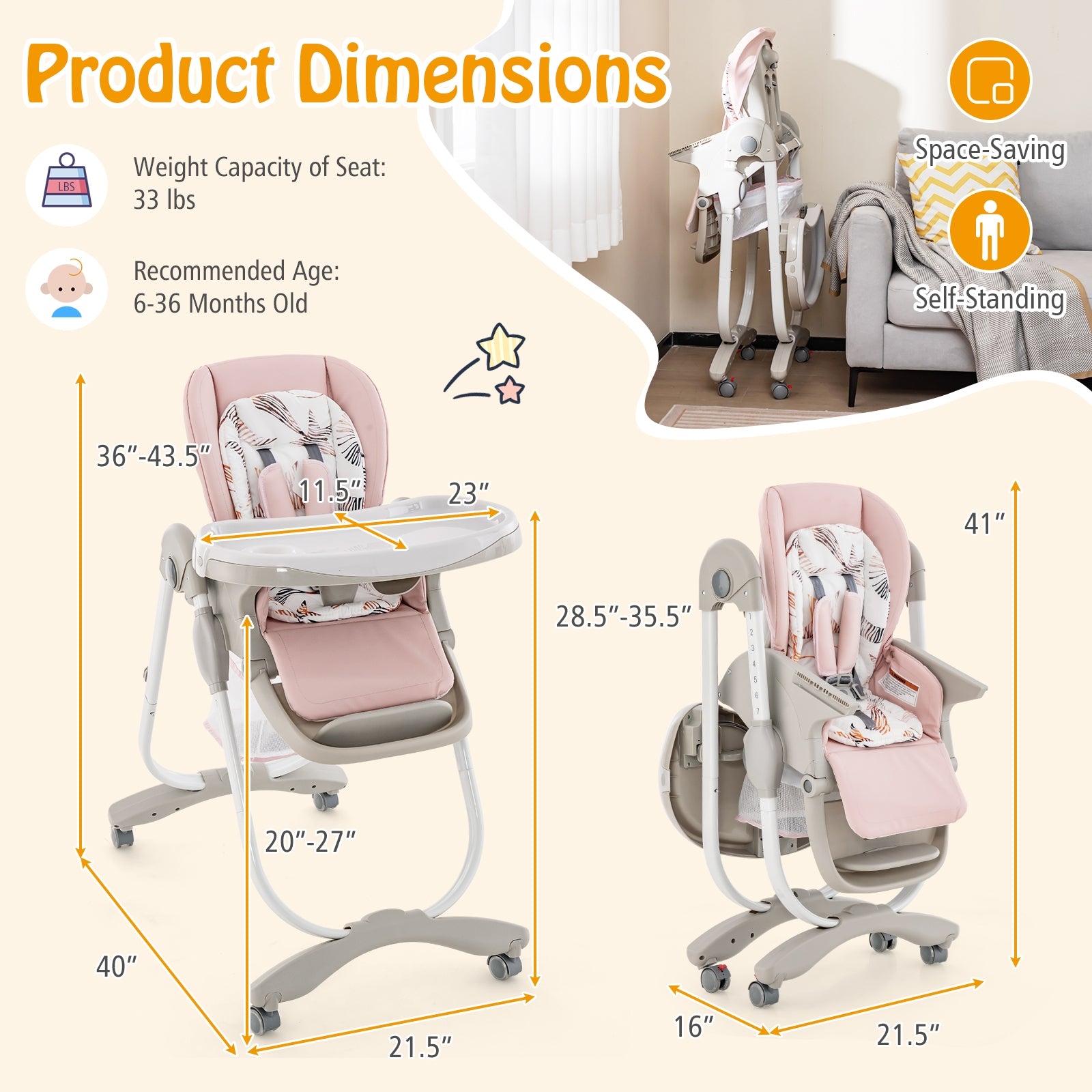 Multifunctional Folding Baby High Chair with Rolling Wheels and Adjustable Height, Pink High Chairs at Gallery Canada