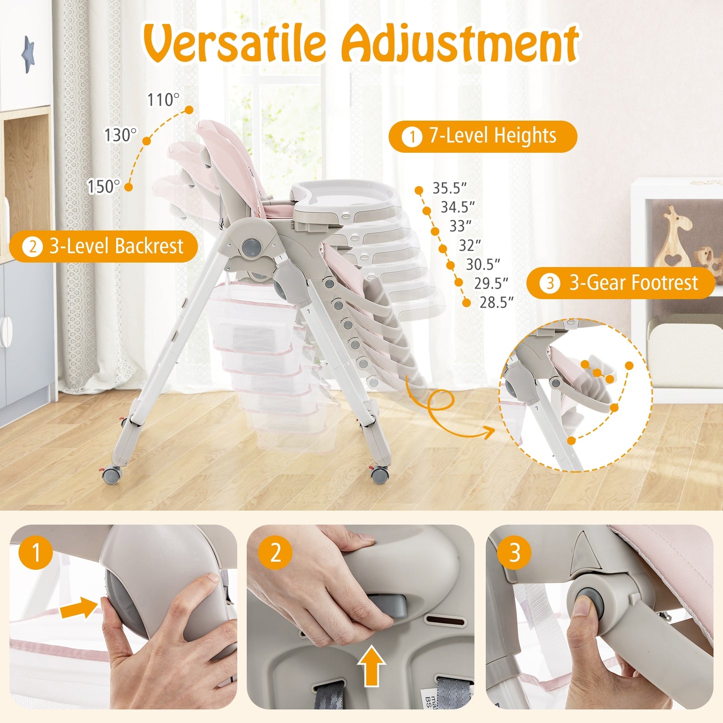 Multifunctional Folding Baby High Chair with Rolling Wheels and Adjustable Height, Pink High Chairs at Gallery Canada