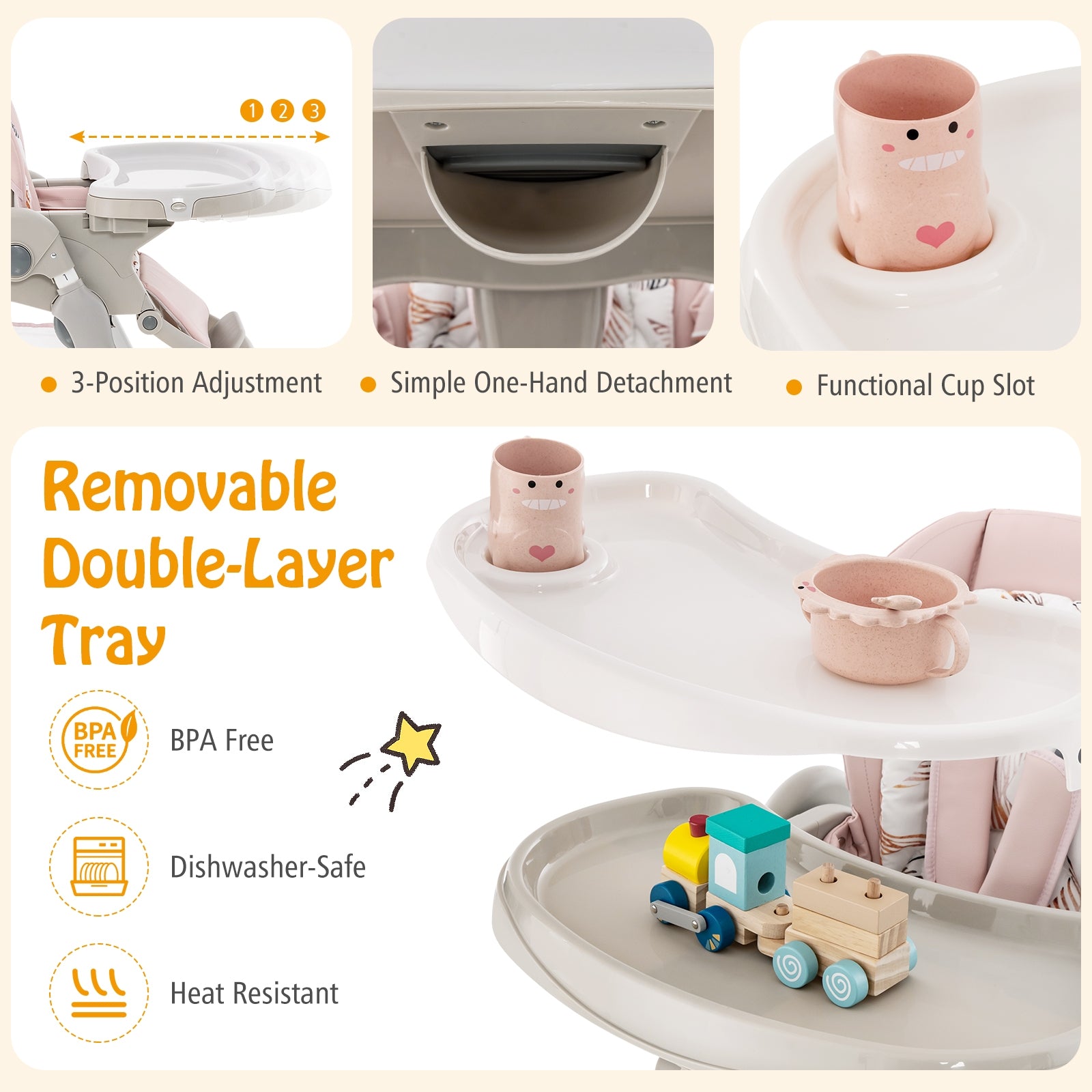 Multifunctional Folding Baby High Chair with Rolling Wheels and Adjustable Height, Pink High Chairs at Gallery Canada