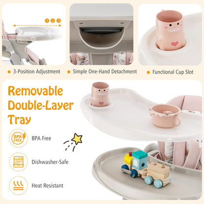 Multifunctional Folding Baby High Chair with Rolling Wheels and Adjustable Height, Pink High Chairs at Gallery Canada