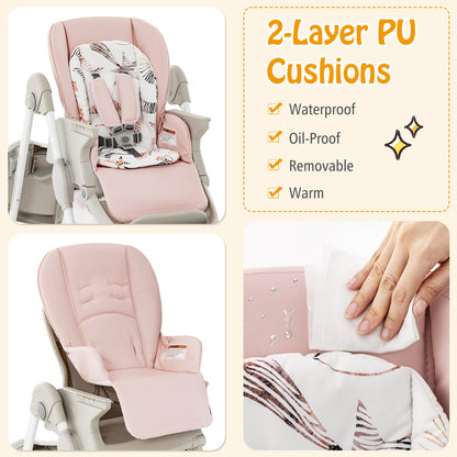 Multifunctional Folding Baby High Chair with Rolling Wheels and Adjustable Height, Pink High Chairs at Gallery Canada