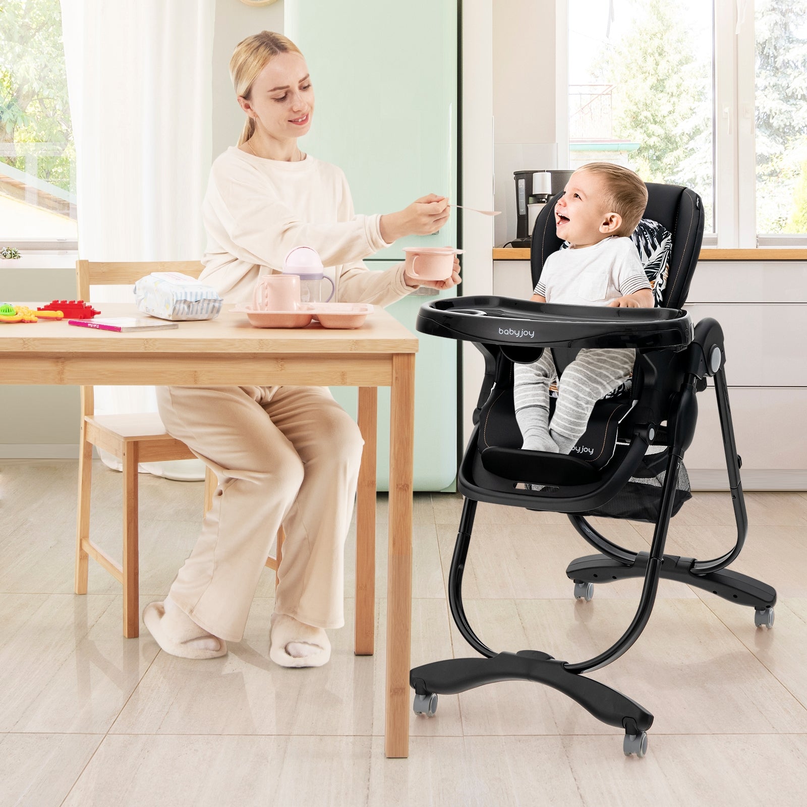 Multifunctional Folding Baby High Chair with Rolling Wheels and Adjustable Height, Black High Chairs at Gallery Canada