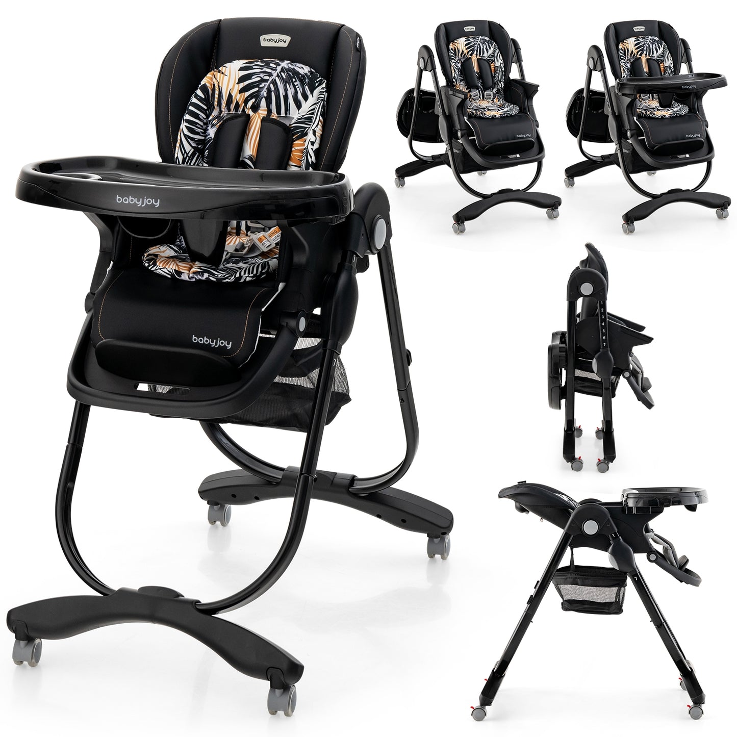 Chaise haute pliante pour bébé avec roues roulantes, hauteur réglable, noir
