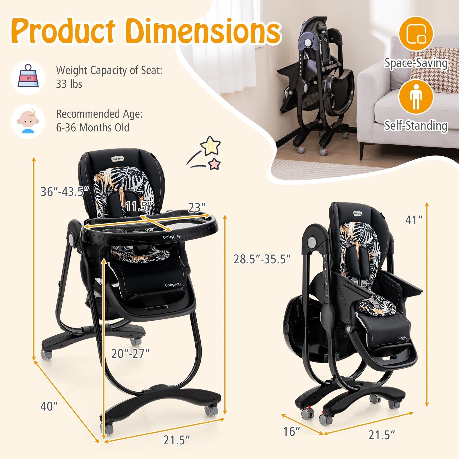 Multifunctional Folding Baby High Chair with Rolling Wheels and Adjustable Height, Black High Chairs at Gallery Canada