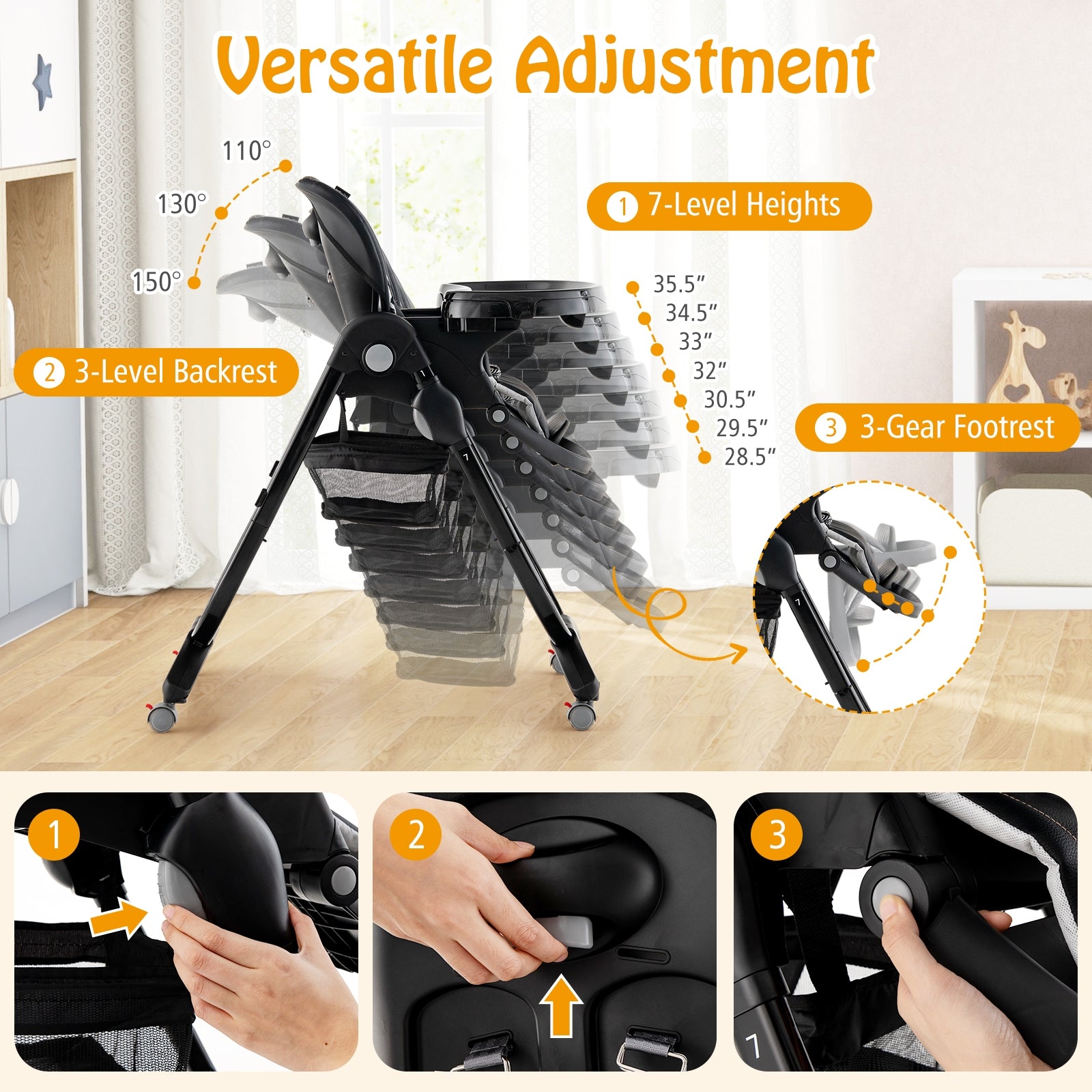 Multifunctional Folding Baby High Chair with Rolling Wheels and Adjustable Height, Black High Chairs at Gallery Canada