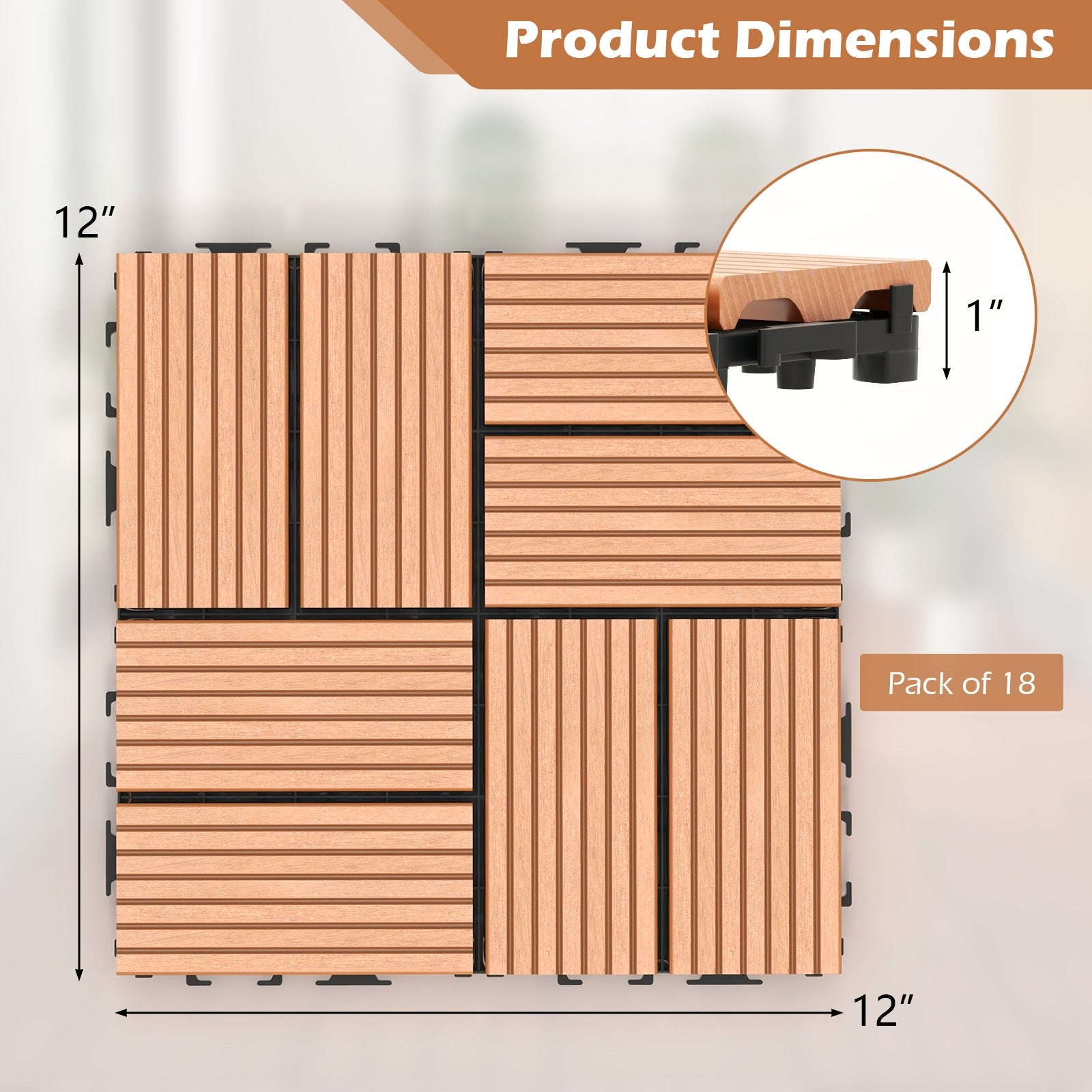 18 Pieces 12 x 12 Inch All Weather Interlocking Deck Tiles, Brown Decorative Fencing & Flooring at Gallery Canada