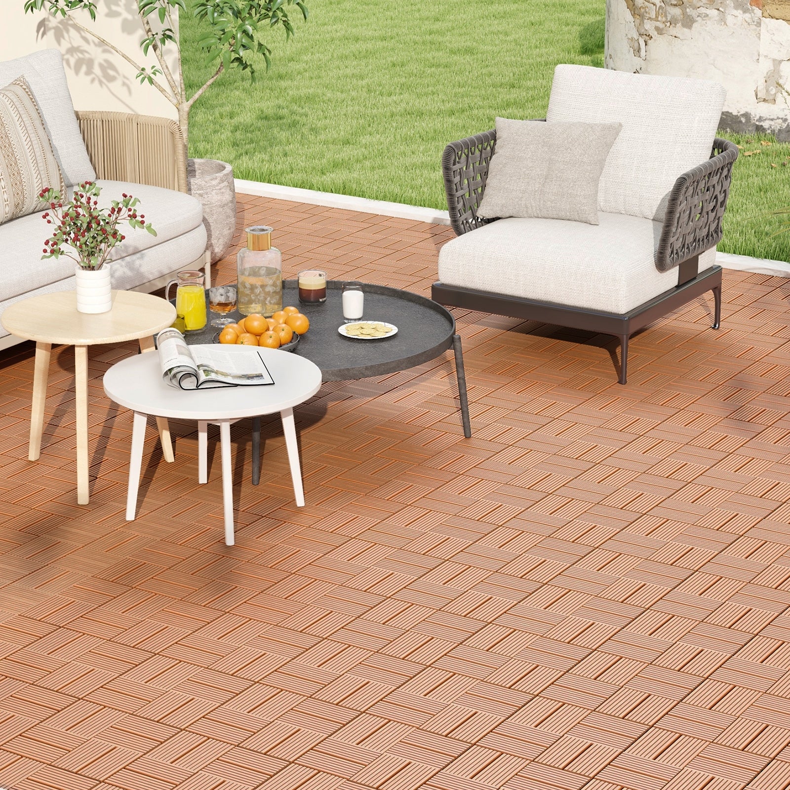18 Pieces 12 x 12 Inch All Weather Interlocking Deck Tiles, Brown Decorative Fencing & Flooring at Gallery Canada