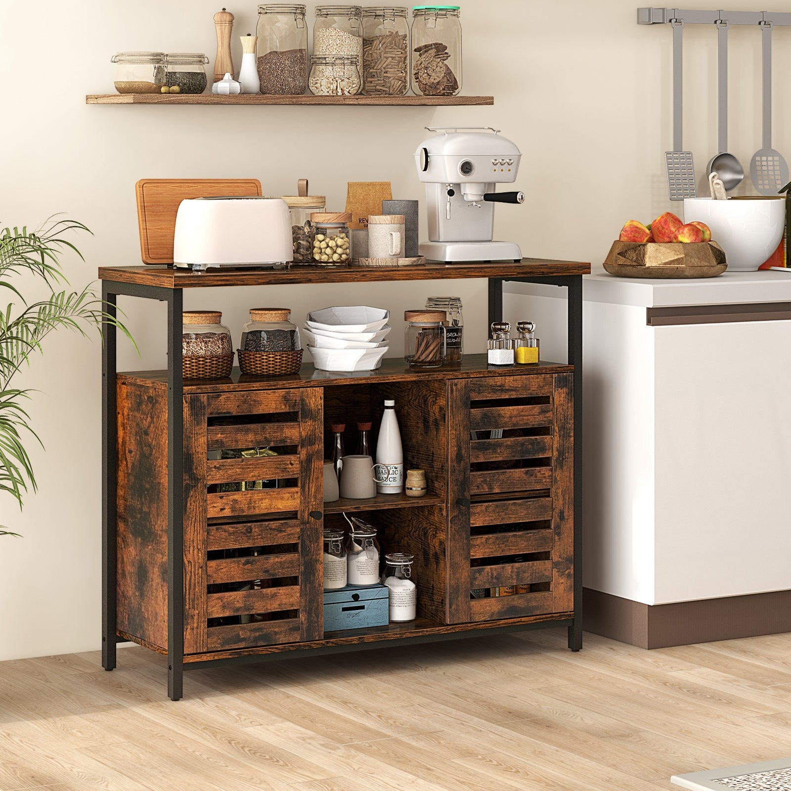 Buffet Cabinet Industrial Sideboard Storage Cabinet with Push-to-Open Slatted Door and 3 Adjustable Shelves, Rustic Brown Sideboards Cabinets & Buffets at Gallery Canada