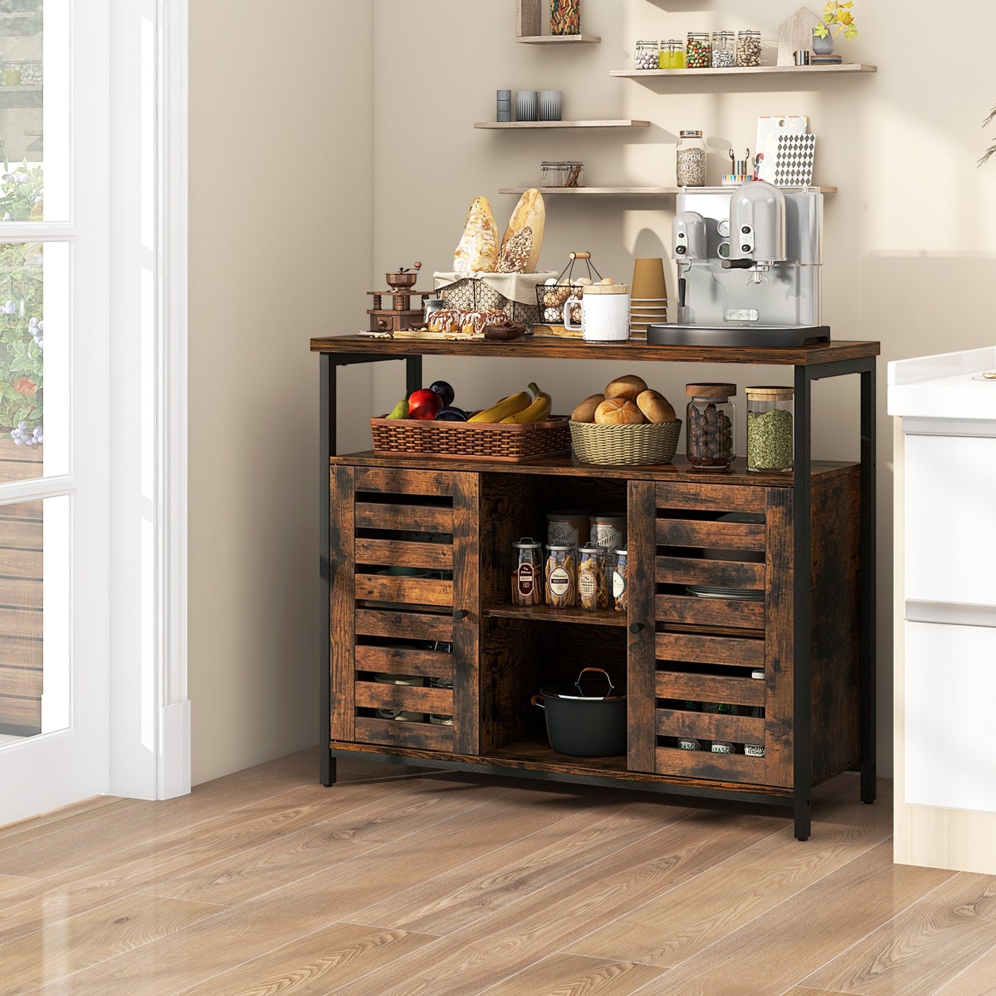 Buffet Cabinet Industrial Sideboard Storage Cabinet with Push-to-Open Slatted Door and 3 Adjustable Shelves, Rustic Brown Sideboards Cabinets & Buffets at Gallery Canada