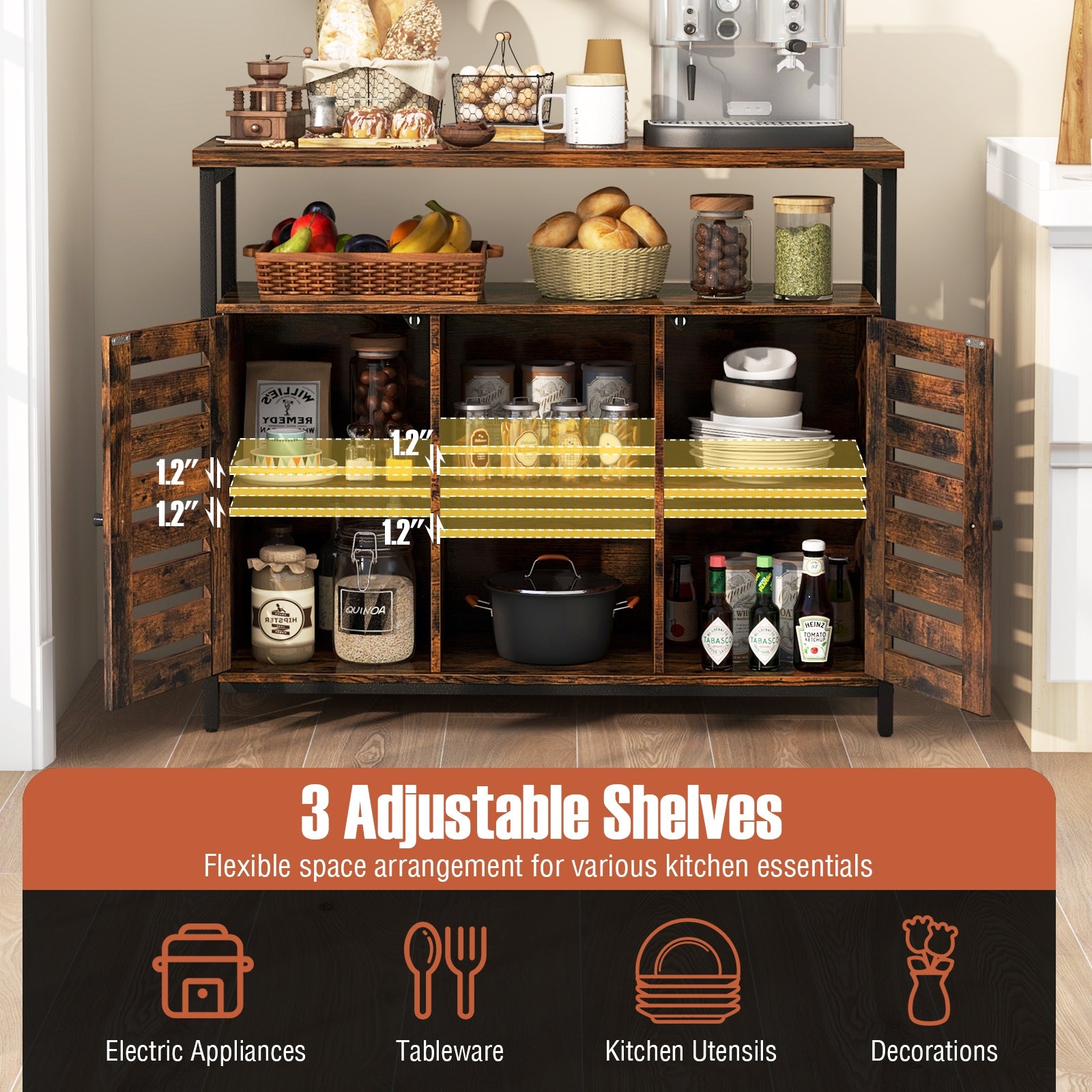 Buffet Cabinet Industrial Sideboard Storage Cabinet with Push-to-Open Slatted Door and 3 Adjustable Shelves, Rustic Brown Sideboards Cabinets & Buffets at Gallery Canada