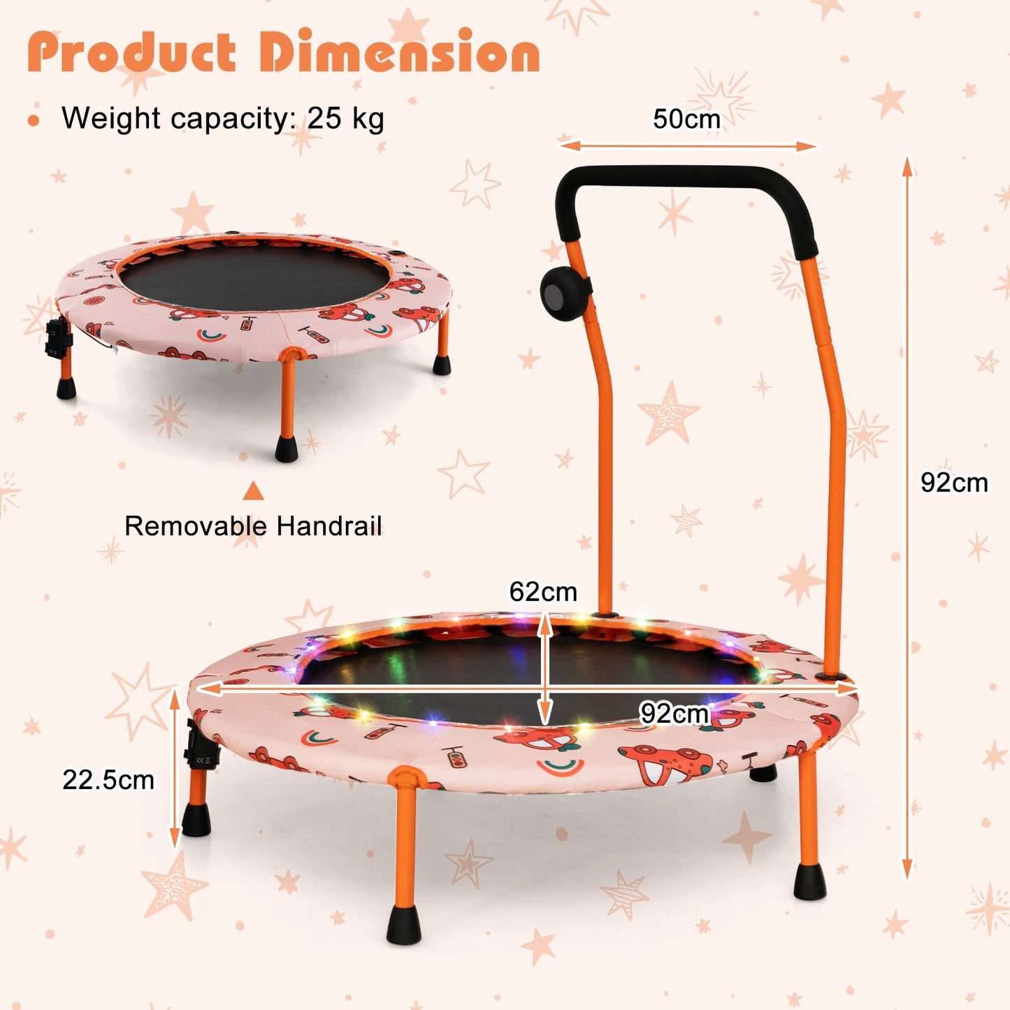 36 Inch Mini Trampoline with Colorful LED Lights and Bluetooth Speaker, Orange