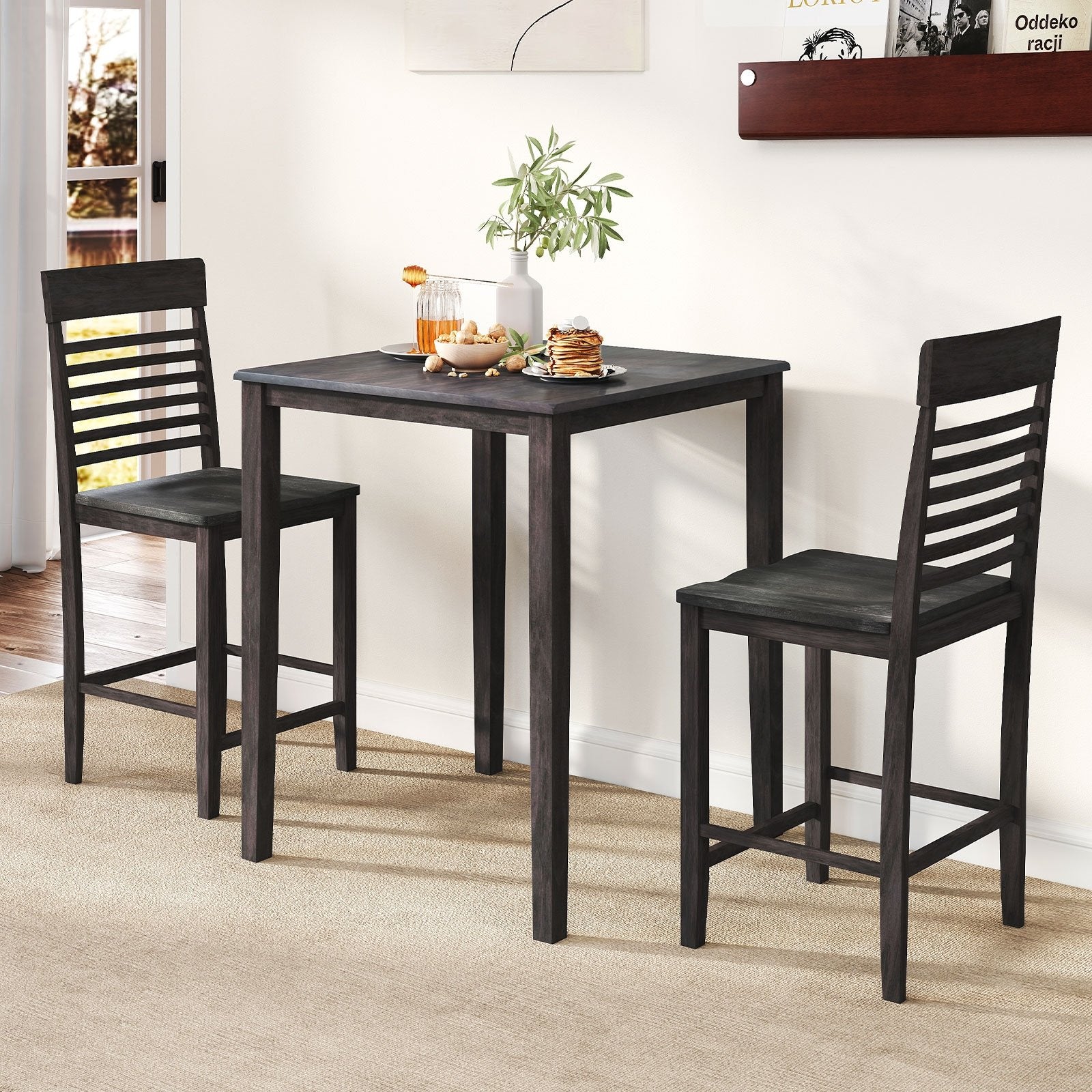 3-Piece Counter-Height Dining Table Set for 2 with Rubber Wood Frame and Footrest, Gray Dining Room Sets at Gallery Canada