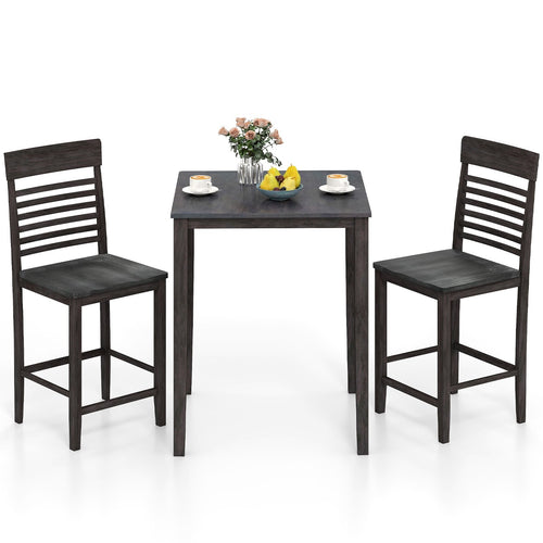 3-Piece Counter-Height Dining Table Set for 2 with Rubber Wood Frame and Footrest, Gray