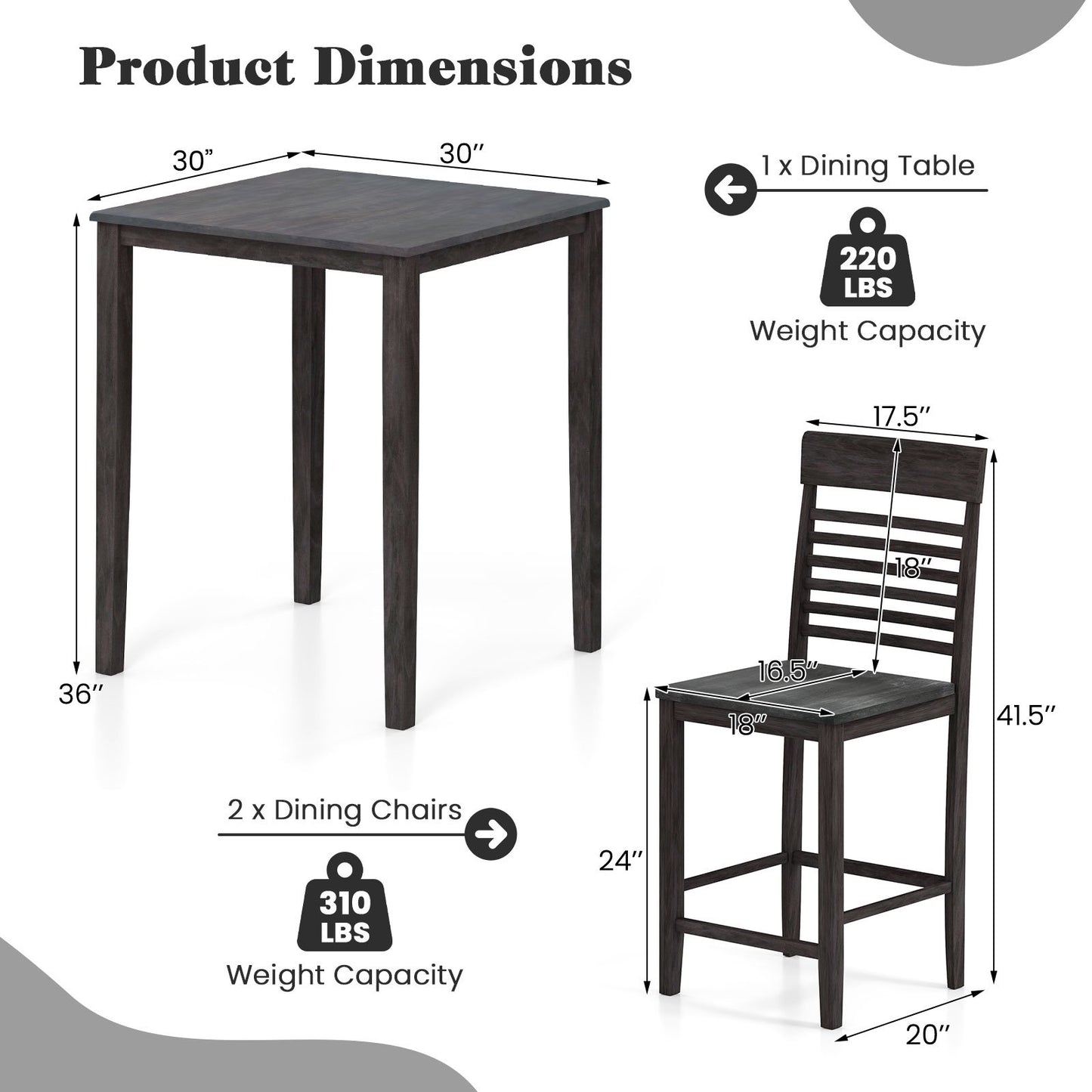 3-Piece Counter-Height Dining Table Set for 2 with Rubber Wood Frame and Footrest, Gray Dining Room Sets at Gallery Canada