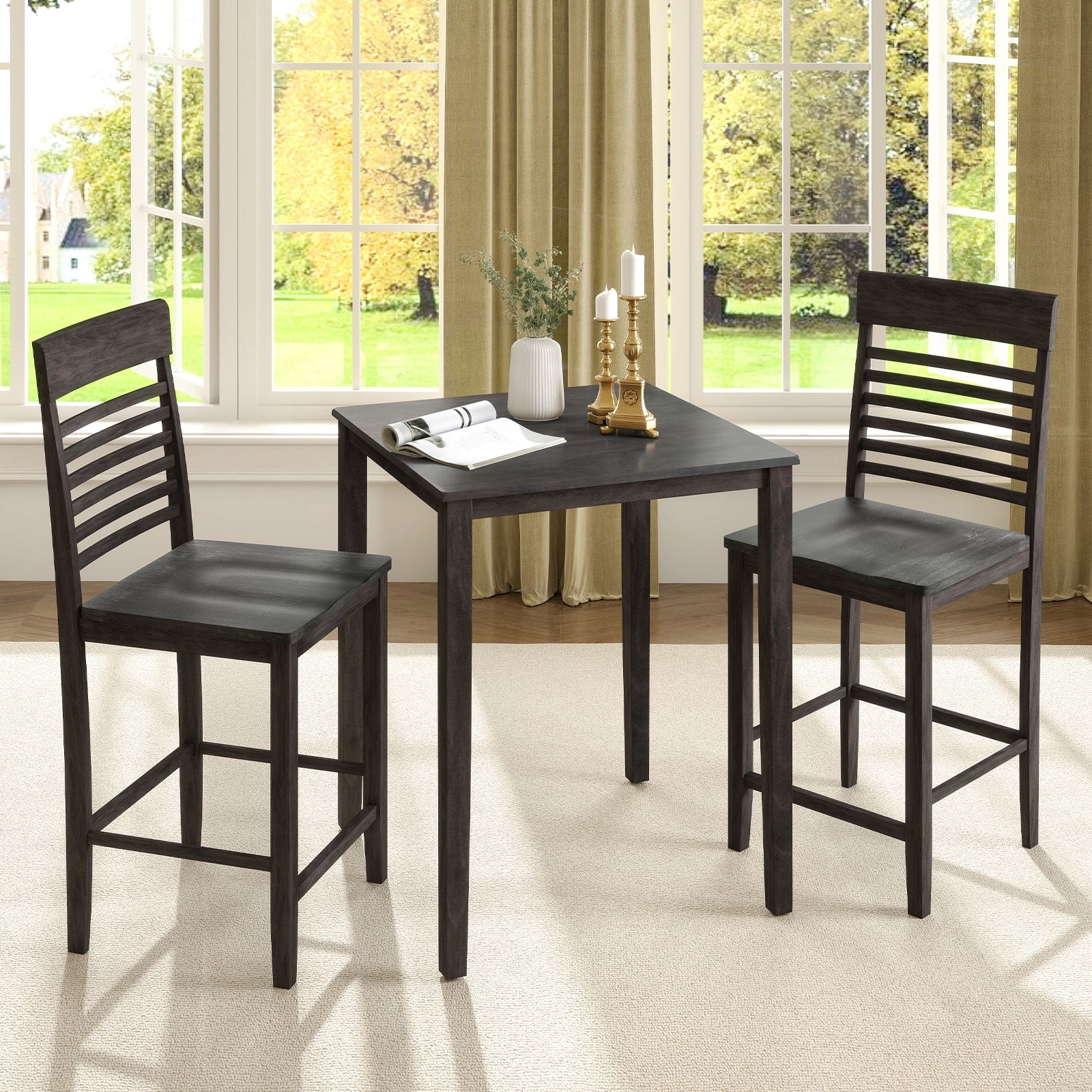 3-Piece Counter-Height Dining Table Set for 2 with Rubber Wood Frame and Footrest, Gray Dining Room Sets at Gallery Canada