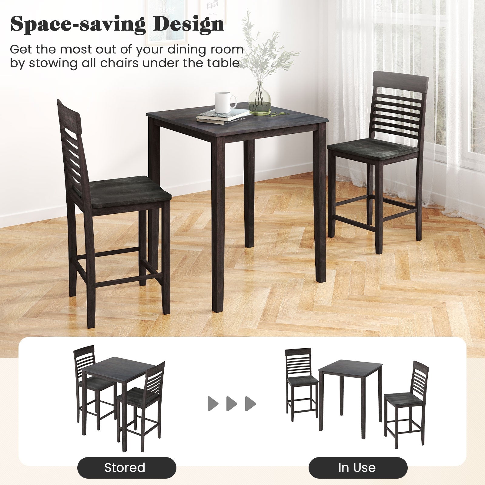 3-Piece Counter-Height Dining Table Set for 2 with Rubber Wood Frame and Footrest, Gray Dining Room Sets at Gallery Canada