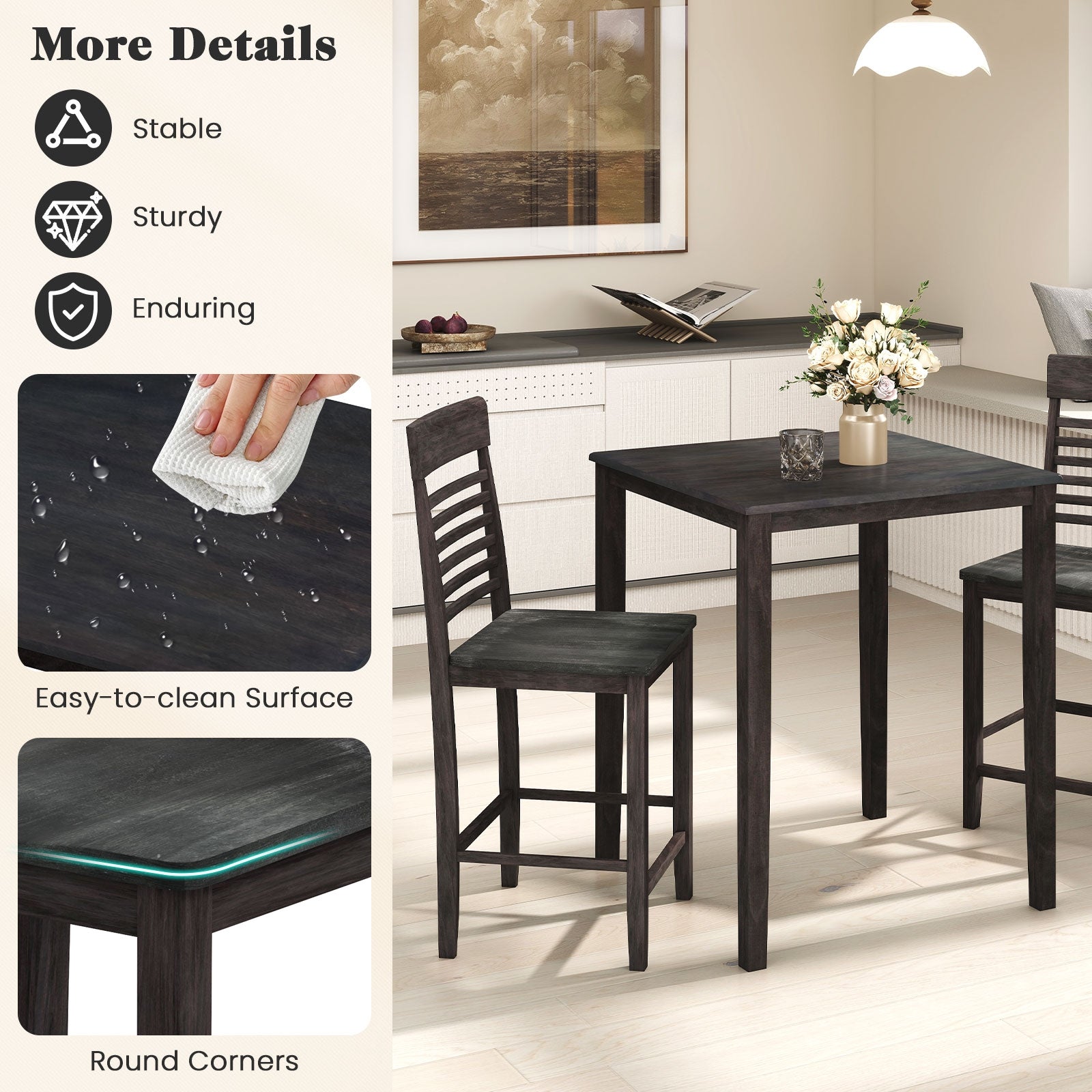 3-Piece Counter-Height Dining Table Set for 2 with Rubber Wood Frame and Footrest, Gray Dining Room Sets at Gallery Canada