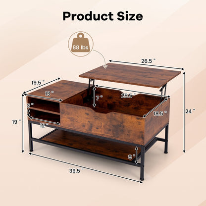 Table basse à plateau relevable, compartiment caché, étagère amovible, marron