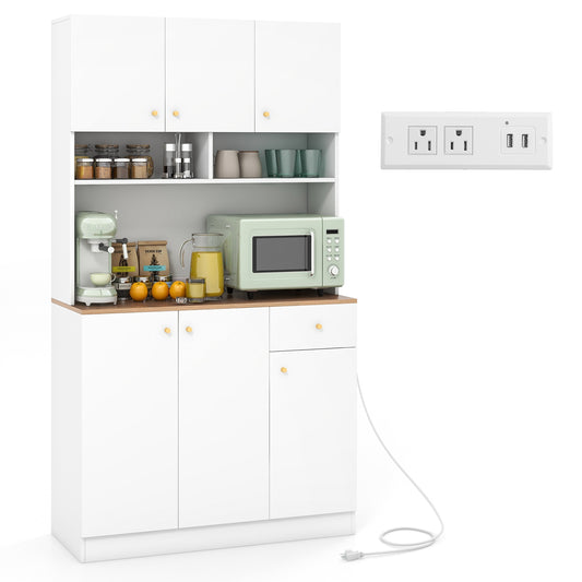 71 Inch Tall Pantry Cabinet with Outlets for Dining Room, White Sideboards Cabinets & Buffets White at Gallery Canada