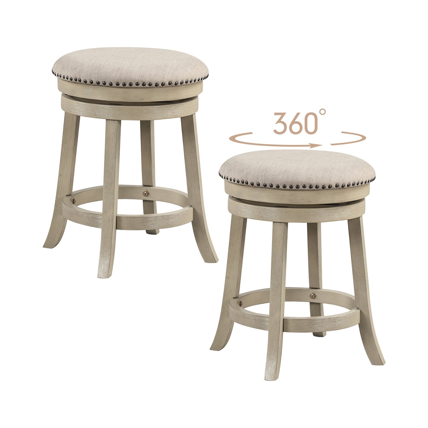 Tabourets de bar pivotants, lot de 2, 60 centimètres, cadre en bois, beige