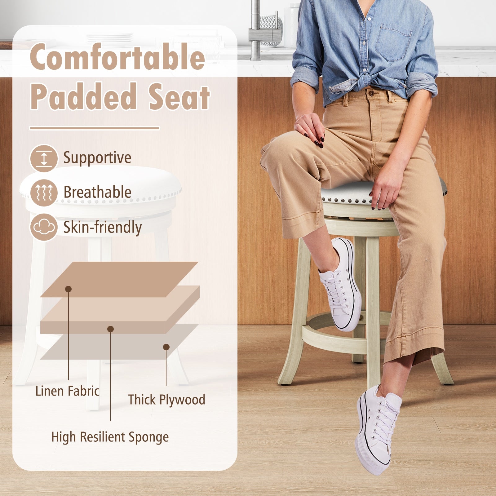 24/26 Inches Swivel Bar Stools Set of 2 wth Wooden Frame-24 inches, Beige Bar Stools at Gallery Canada