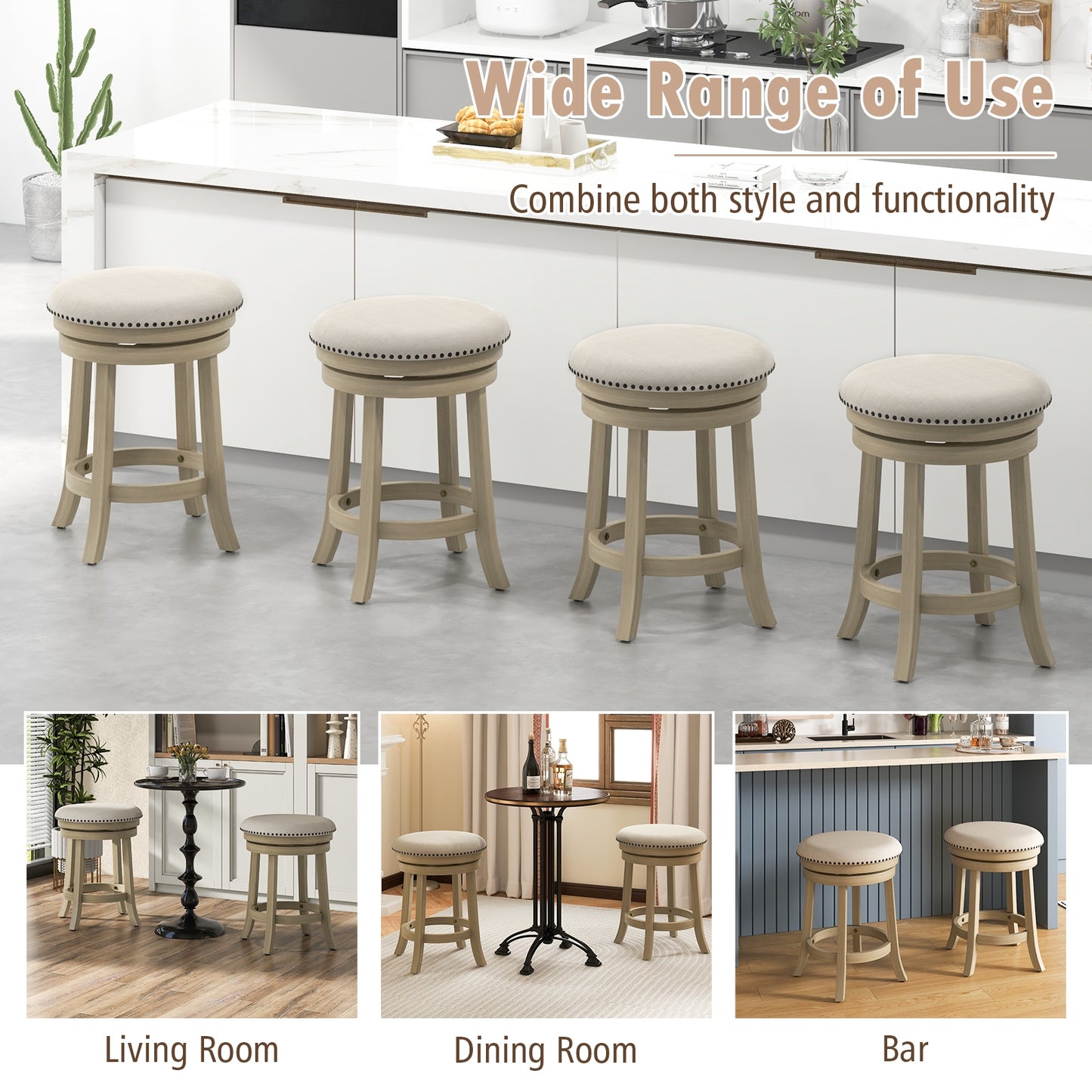 24/26 Inches Swivel Bar Stools Set of 2 wth Wooden Frame-24 inches, Beige Bar Stools at Gallery Canada