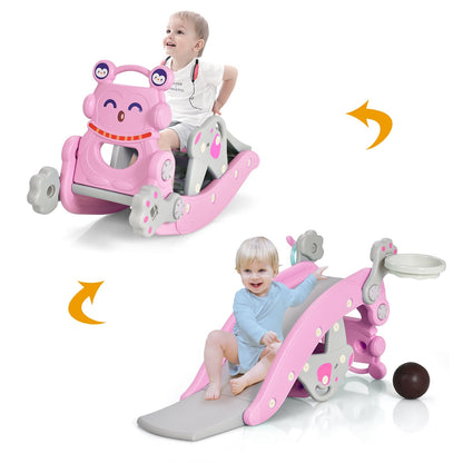 Ensemble de cheval à bascule et toboggan 4-en-1, Rose