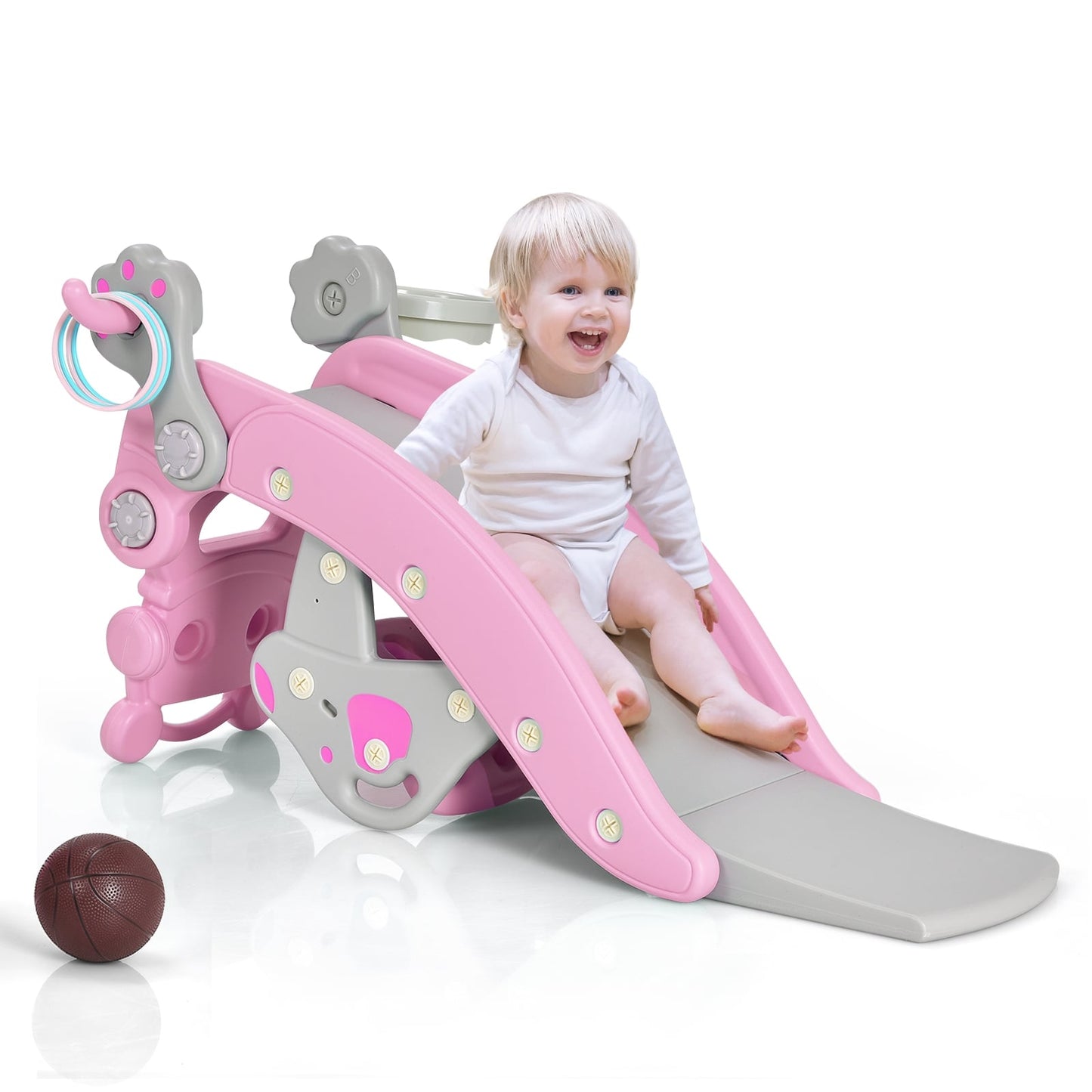 Ensemble de cheval à bascule et toboggan 4-en-1, Rose