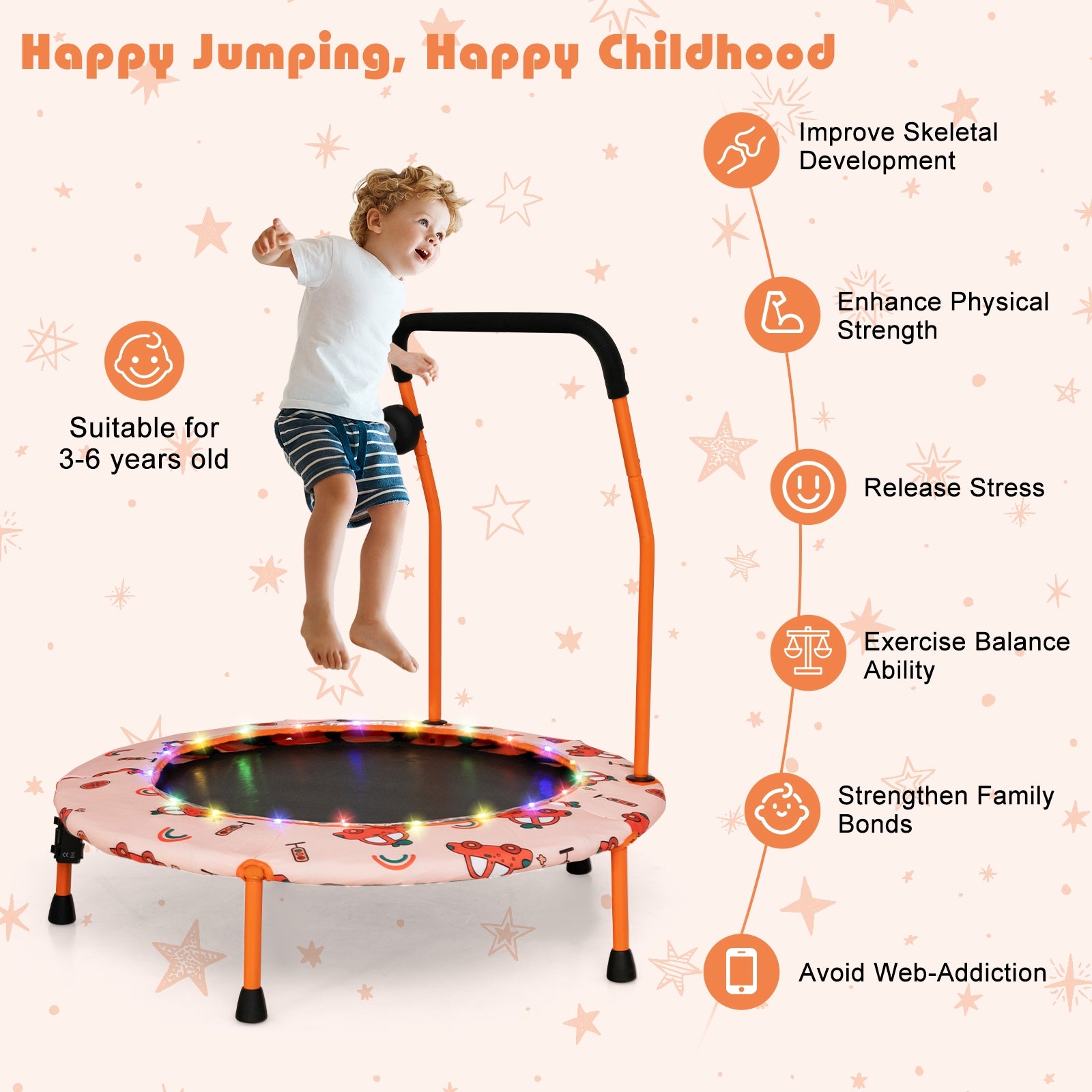 36 Inch Mini Trampoline with Colorful LED Lights and Bluetooth Speaker, Orange Trampolines at Gallery Canada
