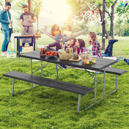 Folding Picnic Table Set with Metal Frame and All-Weather HDPE Tabletop Umbrella Hole, Black Outdoor Seating & Patio Chairs at Gallery Canada