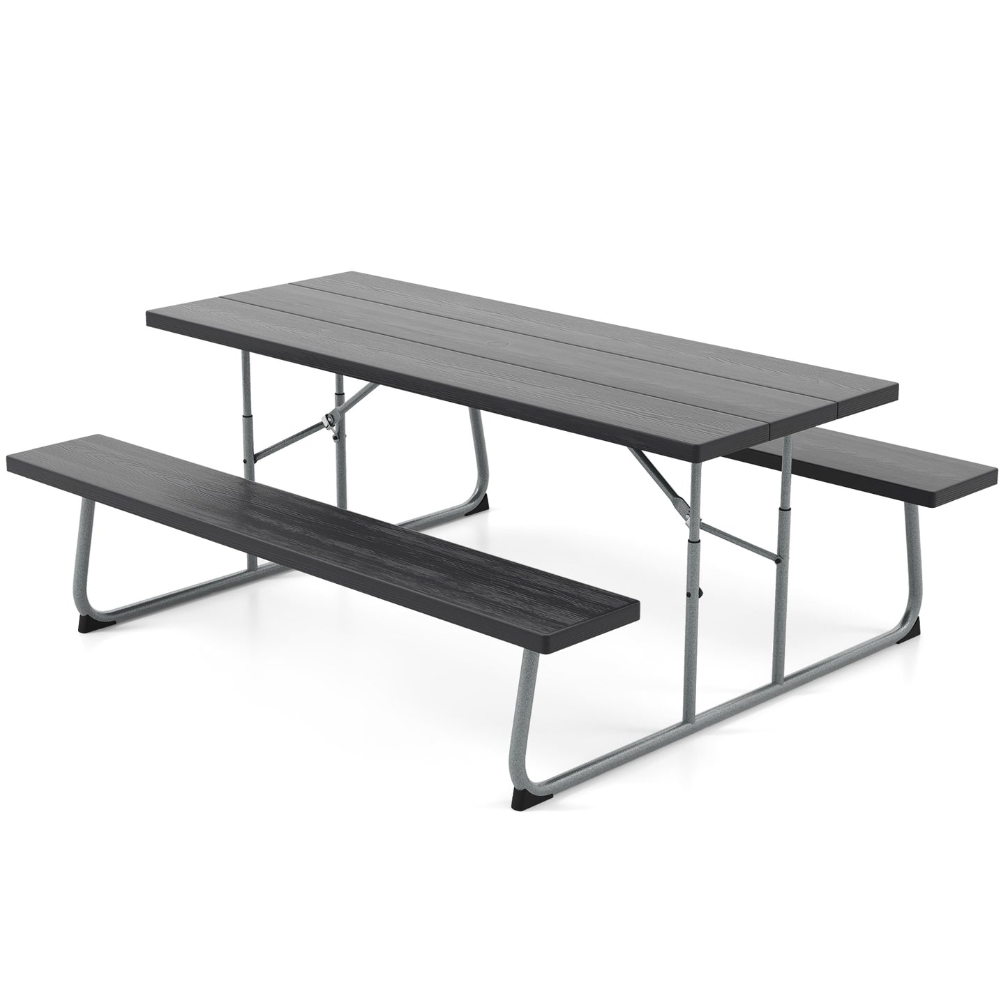 Folding Picnic Table Set with Metal Frame and All-Weather HDPE Tabletop Umbrella Hole, Black Outdoor Seating & Patio Chairs at Gallery Canada