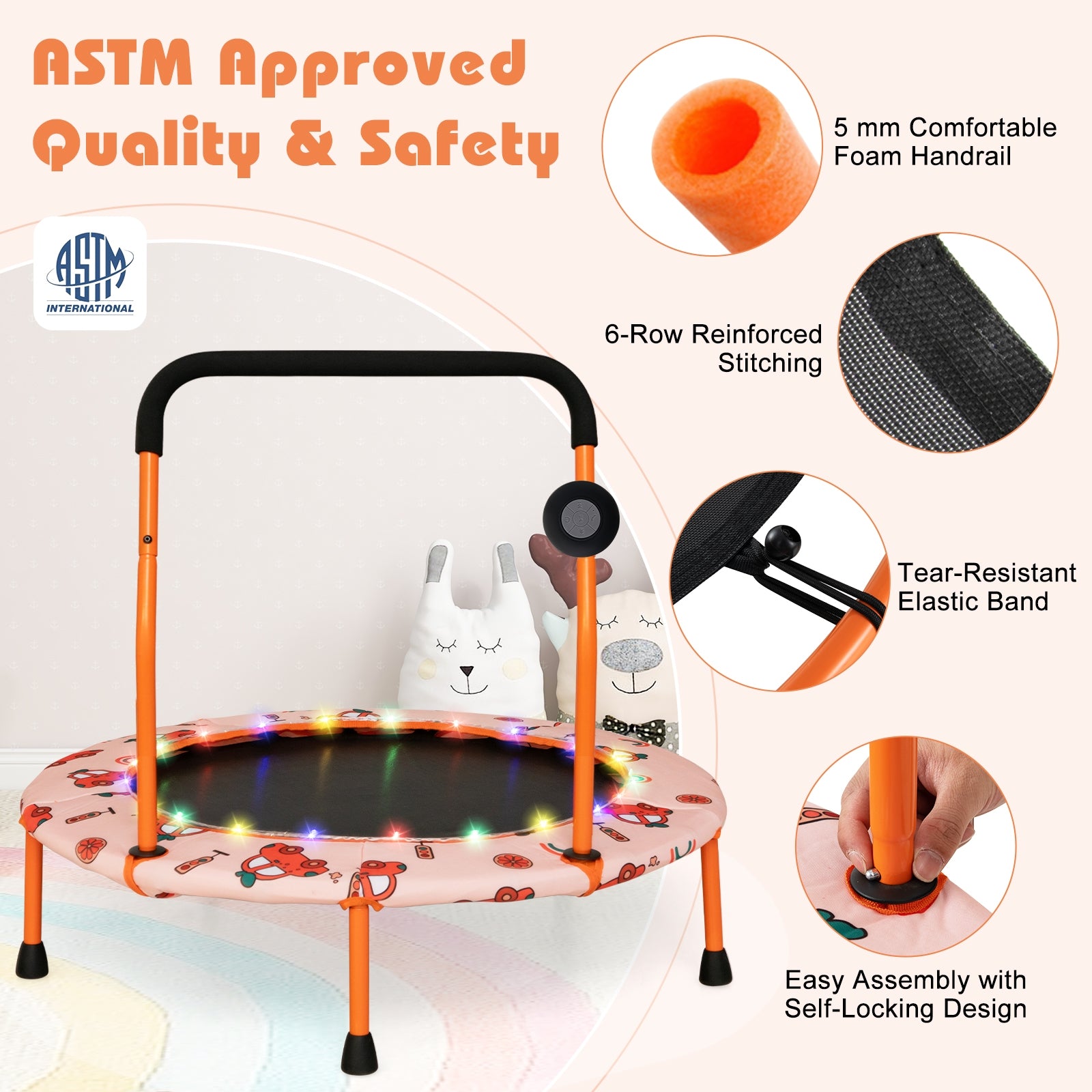 36 Inch Mini Trampoline with Colorful LED Lights and Bluetooth Speaker, Orange Trampolines at Gallery Canada