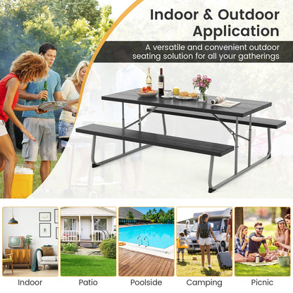 Folding Picnic Table Set with Metal Frame and All-Weather HDPE Tabletop Umbrella Hole, Black Outdoor Seating & Patio Chairs at Gallery Canada