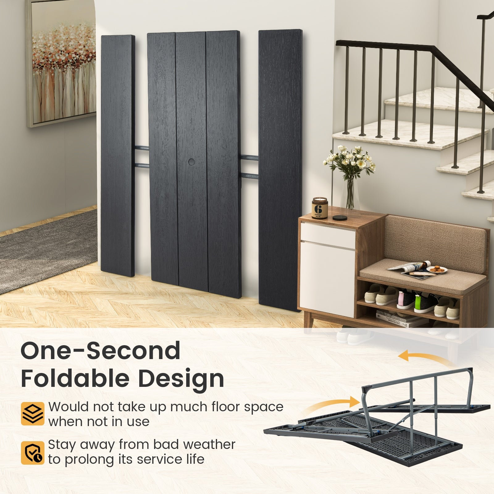 Folding Picnic Table Set with Metal Frame and All-Weather HDPE Tabletop Umbrella Hole, Black Outdoor Seating & Patio Chairs at Gallery Canada