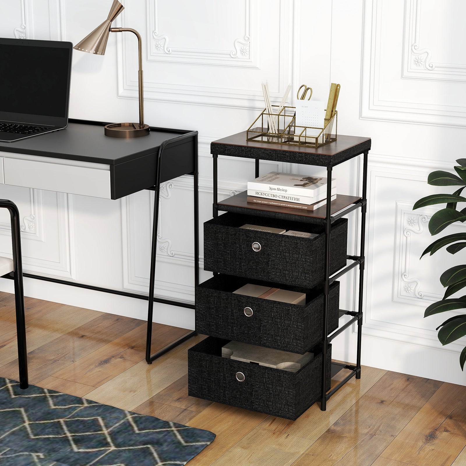 Dresser with 3/4 Drawers Fabric Storage Tower with Wood Top and Metal Frame-M, Black Dressers & Chests at Gallery Canada
