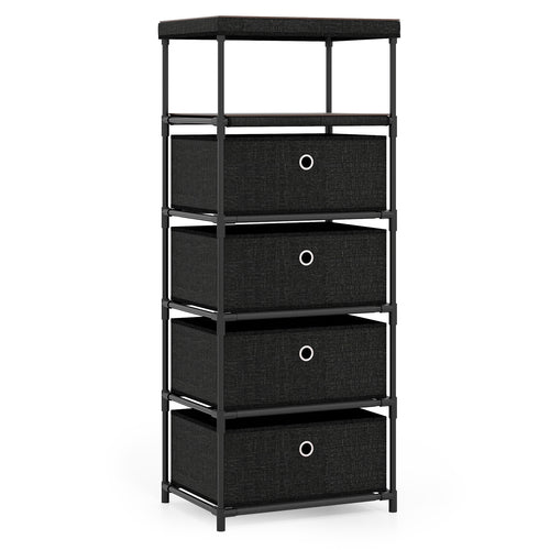 Dresser with 3/4 Drawers Fabric Storage Tower with Wood Top and Metal Frame-L, Black