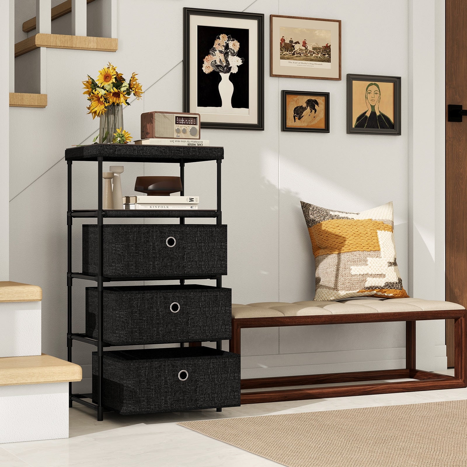 Dresser with 3/4 Drawers Fabric Storage Tower with Wood Top and Metal Frame-M, Black Dressers & Chests at Gallery Canada