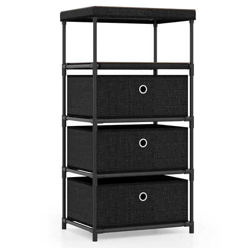 Dresser with 3/4 Drawers Fabric Storage Tower with Wood Top and Metal Frame-M, Black