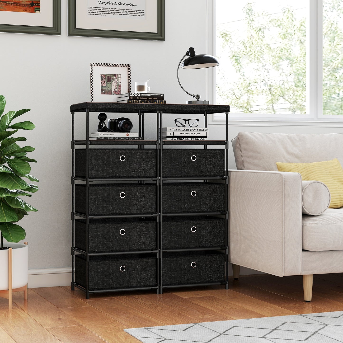 Dresser with 3/4 Drawers Fabric Storage Tower with Wood Top and Metal Frame-L, Black Dressers & Chests at Gallery Canada