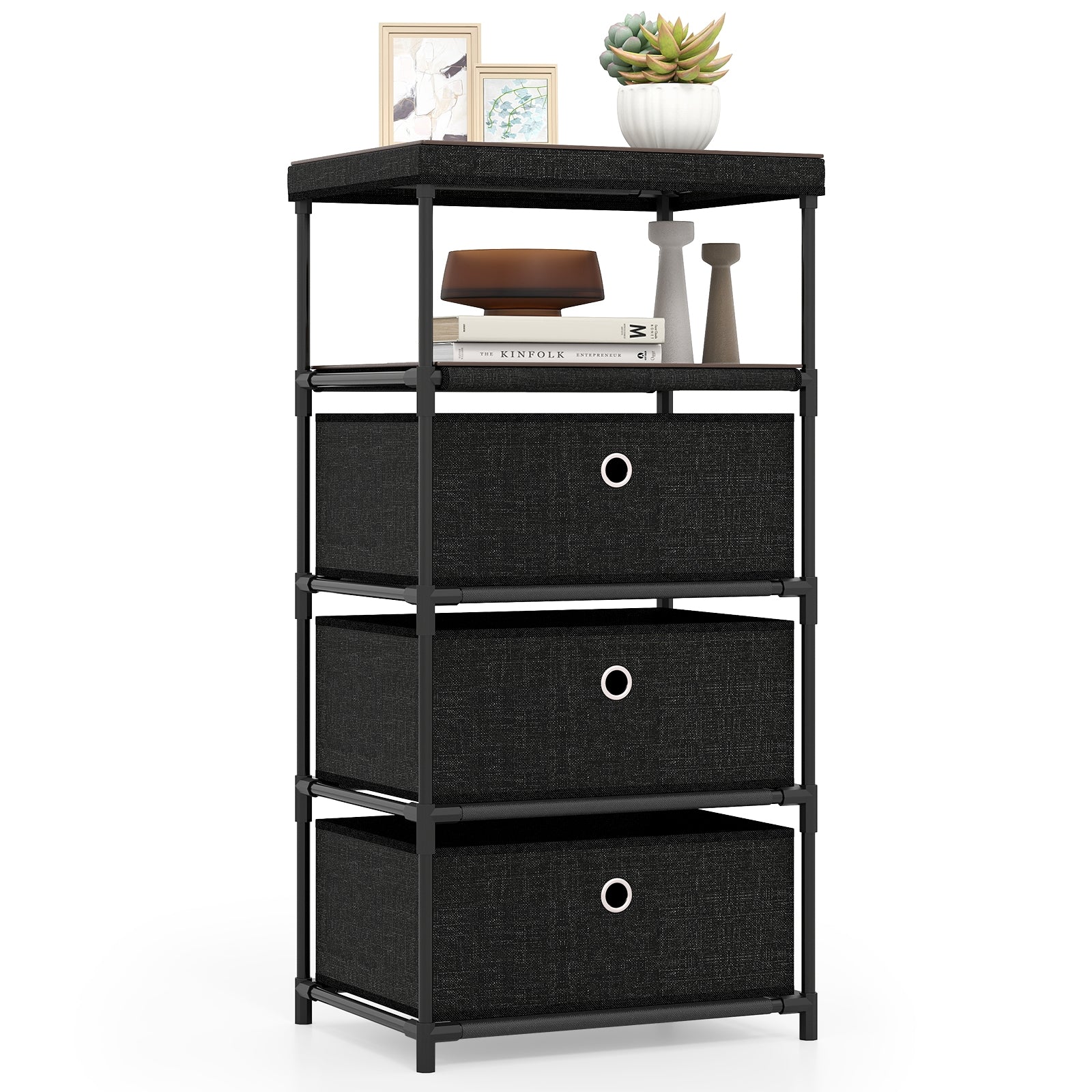 Dresser with 3/4 Drawers Fabric Storage Tower with Wood Top and Metal Frame-M, Black Dressers & Chests at Gallery Canada