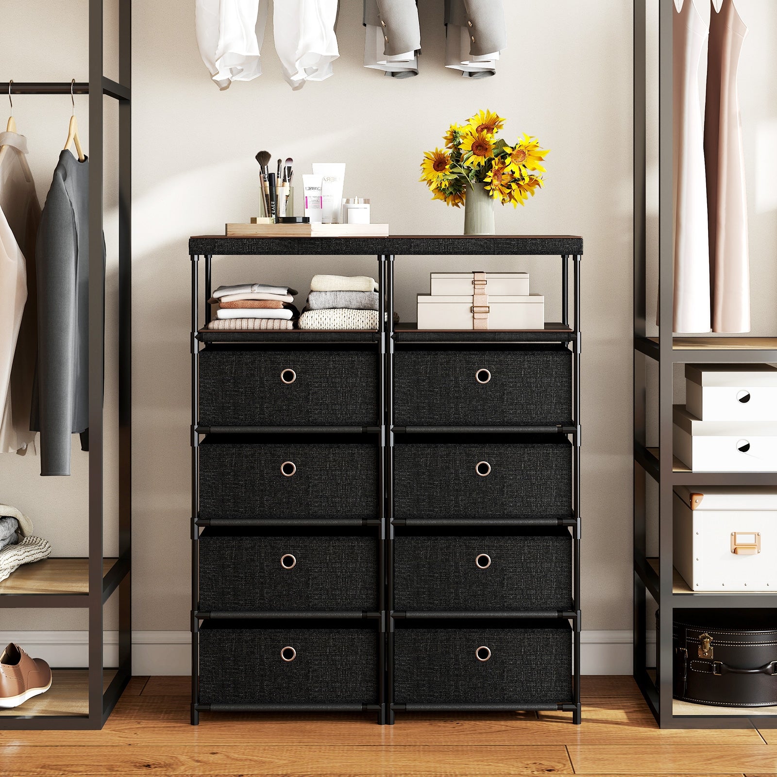 Dresser with 3/4 Drawers Fabric Storage Tower with Wood Top and Metal Frame-L, Black Dressers & Chests at Gallery Canada