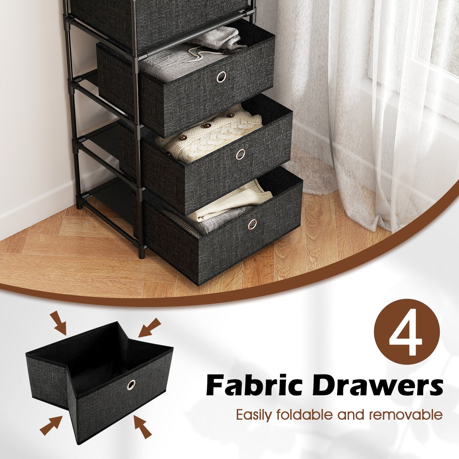 Dresser with 3/4 Drawers Fabric Storage Tower with Wood Top and Metal Frame-L, Black Dressers & Chests at Gallery Canada