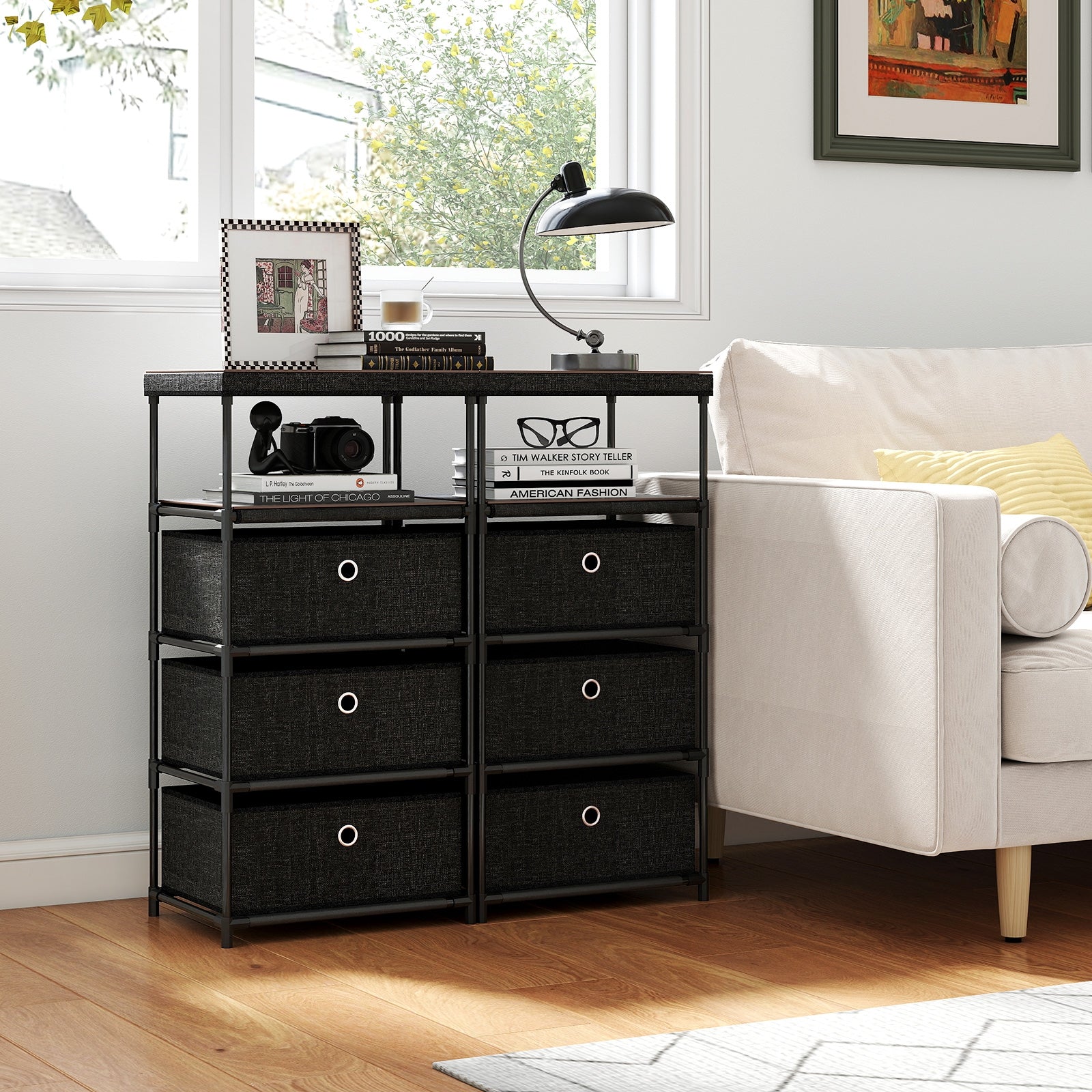 Dresser with 3/4 Drawers Fabric Storage Tower with Wood Top and Metal Frame-M, Black Dressers & Chests at Gallery Canada