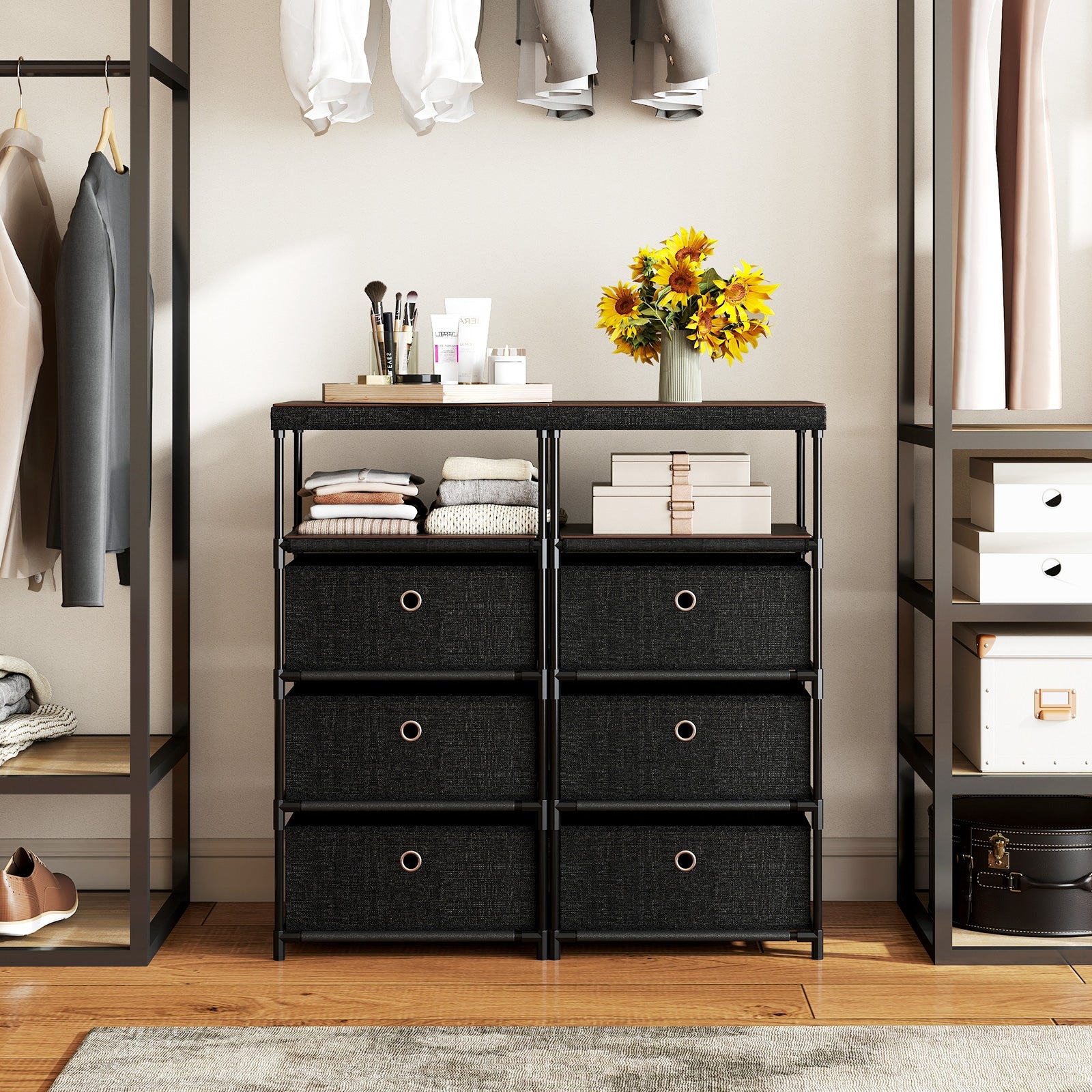 Dresser with 3/4 Drawers Fabric Storage Tower with Wood Top and Metal Frame-M, Black Dressers & Chests at Gallery Canada