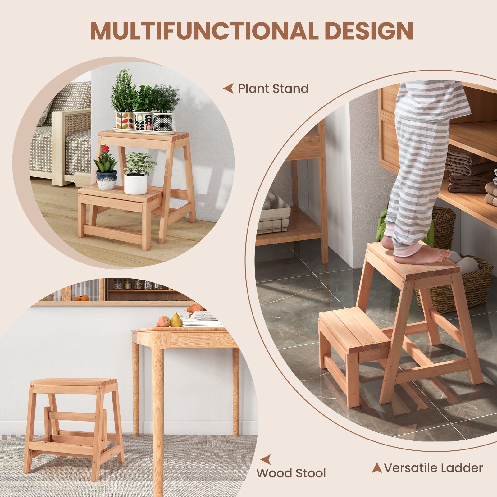 Multipurpose Wood Folding 2-Step Stool for Indoor Outdoor Plant Stand, Natural Kitchen Utensils at Gallery Canada