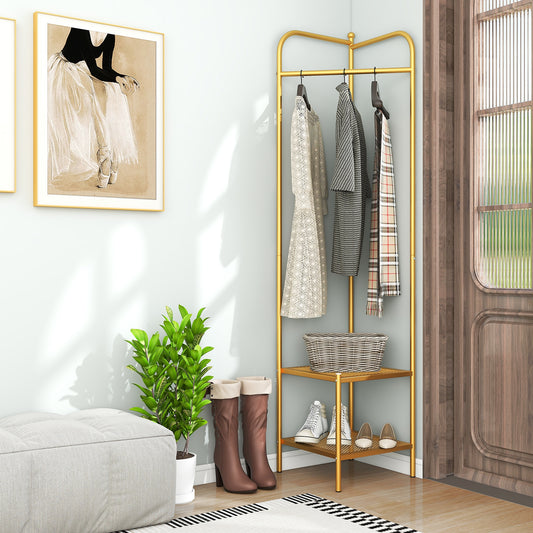 Corner Coat Rack with Top Hanger and 2 Mesh Shelves for Entryway Hallway Living Room Bedroom, Golden Coat Racks & Hall Trees Golden at Gallery Canada